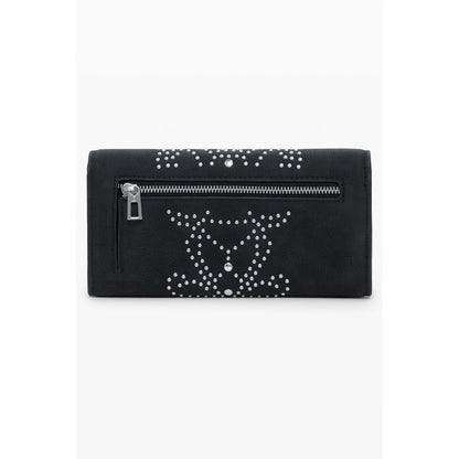 Front view of Desigual Black Polyethylene Women Wallet with studs and zip closure, showcasing edgy design and functionality.