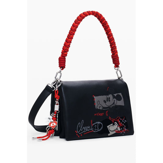 Desigual Black Polyethylene Women Handbag with Mickey design, embroidery, relief print, adjustable strap, and magnetic closure.