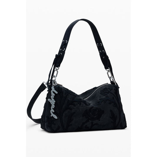 Desigual Black Polyethylene Women Handbag with floral embroidery and adjustable strap, featuring a chic removable handle.