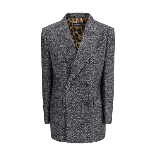 Dolce & Gabbana Gray Fleece Wool Blazer with double-breasted chevron design, peaked lapels, and elegant style for formal looks.