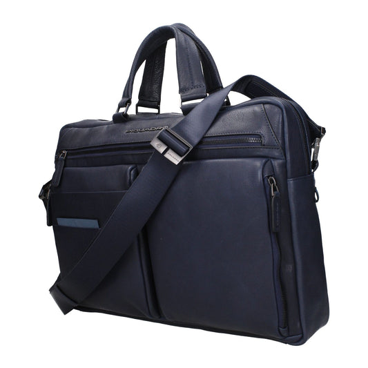 Piquadro Blue Leather Business And Laptop Bag with adjustable strap, featuring front and back logos, suitable for iPad and PC.
