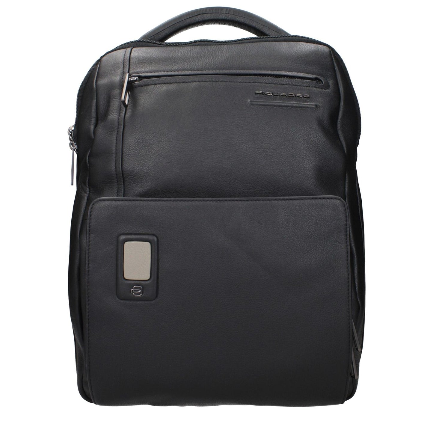 Piquadro Black Leather Backpack with front logo, adjustable straps, and compartments for iPad/PC. MPN: CA5105AON, Code: F84381.