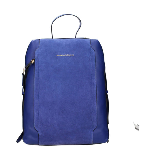 Piquadro Blue Leather Backpack with vintage effect, front and side logos, adjustable straps, and ipad/pc cases.