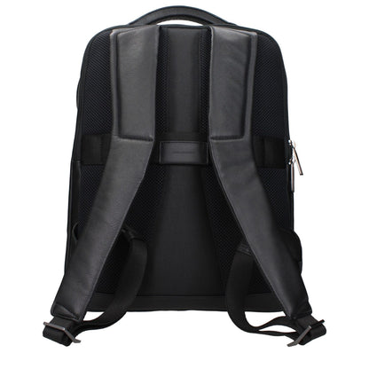 Back view of Piquadro Black Leather Backpack with adjustable straps, designed with front logo and iPad/PC cases, MPN CA5105AON.