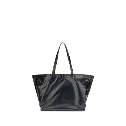 Proenza Schouler Black Leather Shoulder Bag with silver-tone side buckles and spacious design.
