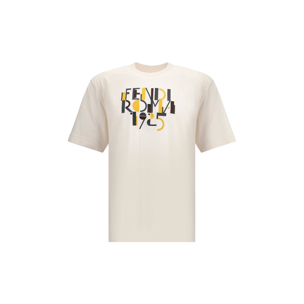 Fendi White Cotton T-Shirt with logo print, featuring ribbed crew neck and contrasting design, AW25, perfect for casual look.