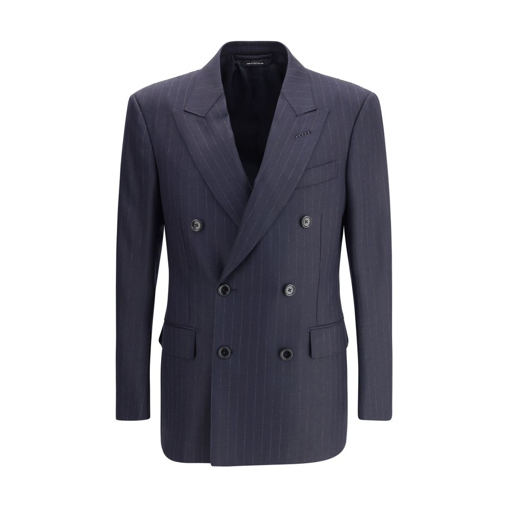 Tom Ford Blue Wool Blazer with pinstripes, double-breasted, peaked lapels, front welt flap pockets, made of 100% wool, AW25 collection.