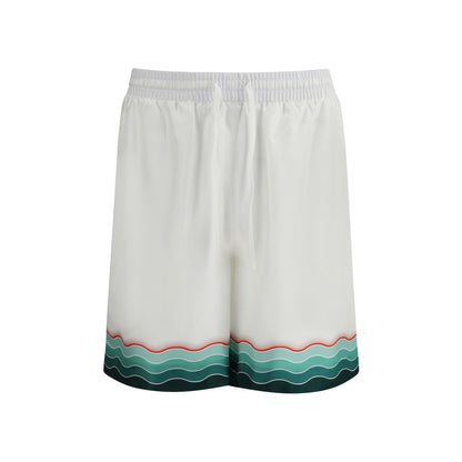 Casablanca White Silk Bermuda Shorts with Japanese-inspired print and elastic waistband.