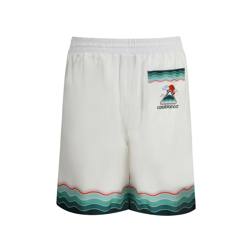 Casablanca White Silk Bermuda Shorts with Japanese-inspired print, featuring elastic waistband, drawstring, side seams, and back pocket.