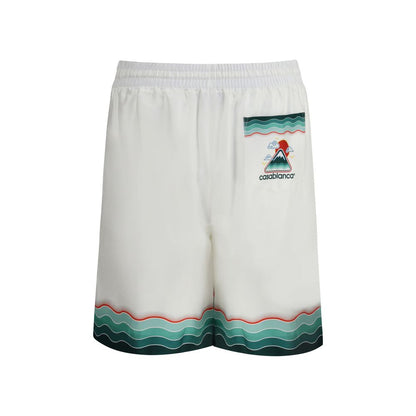 Casablanca White Silk Bermuda Shorts with Japanese-inspired print, featuring elastic waistband, drawstring, side seams, and back pocket.