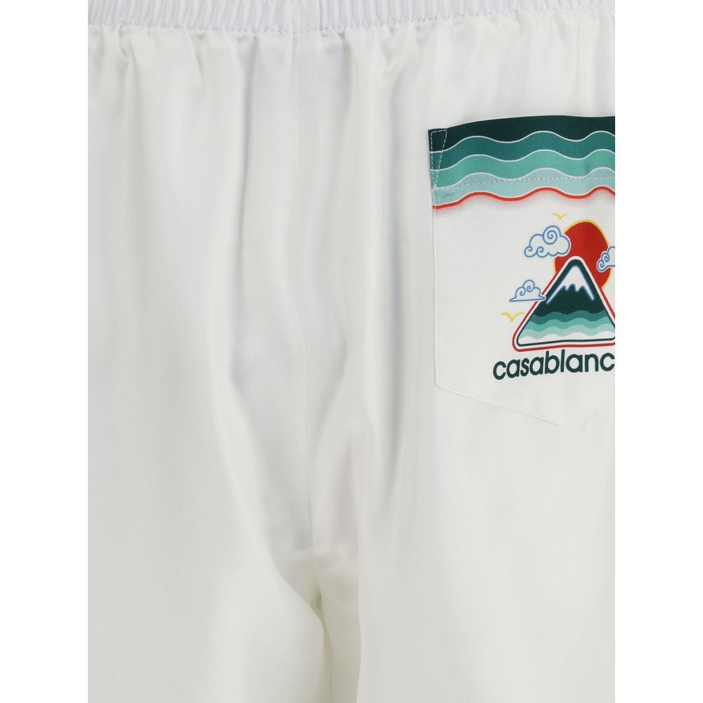 Casablanca White Silk Bermuda Shorts featuring Japanese-inspired iconography print on back pocket.