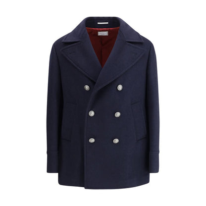Brunello Cucinelli Blue Wool Coat with metal button closure and classic lapel collar for AW25 season.