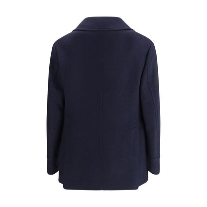 Back view of Brunello Cucinelli Blue Wool Coat with classic lapel collar and double back slit, showcasing its elegant autumn-winter design.