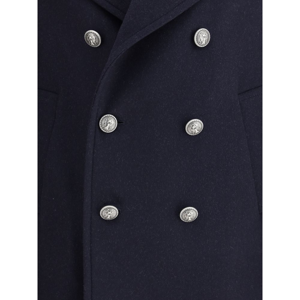 Close-up of Brunello Cucinelli Blue Wool Coat with metal button closure and classic lapel.