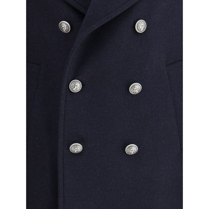 Close-up of Brunello Cucinelli Blue Wool Coat with metal button closure and classic lapel.