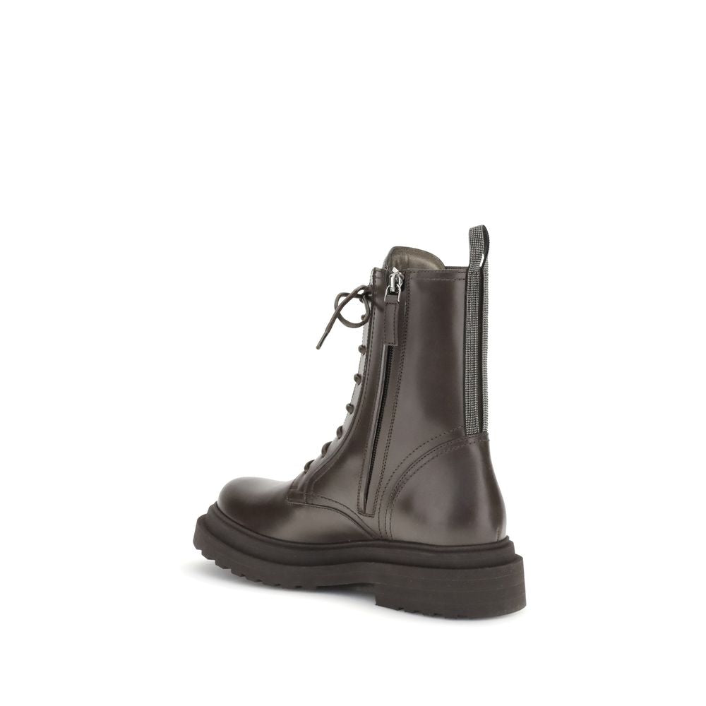 Brunello Cucinelli Brown Leather Lace-Up Boots with side zipper and refined Monile detail, showcasing craftsmanship and style.