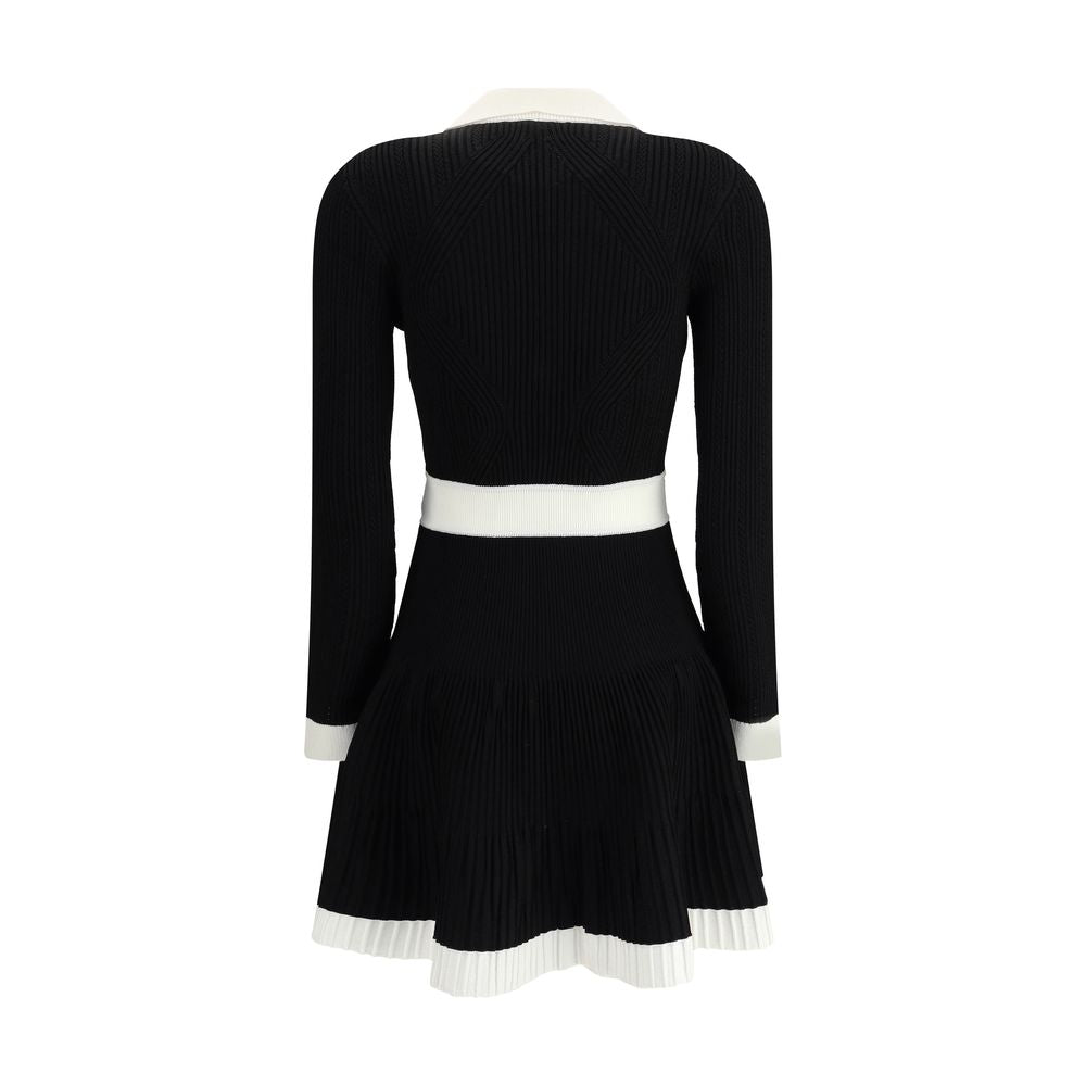 Balmain Black Viscose Casual Dress with flared skirt and embossed buttons, showcasing back view in black and white knit fabric.