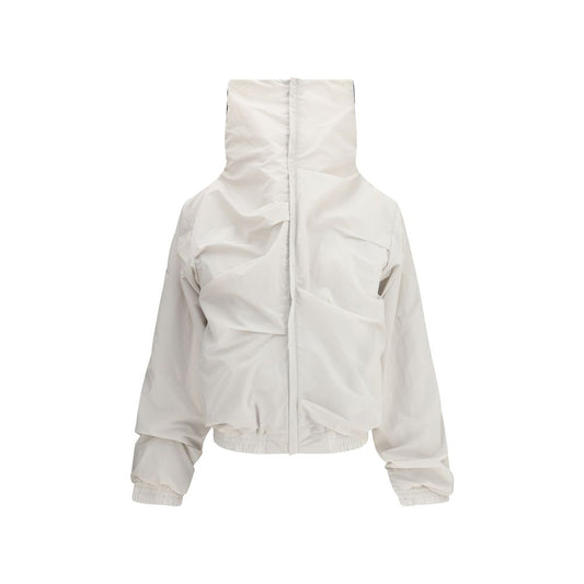 ALAINPAUL Gray Polyamide Full-Length Jacket with high collar and soft draping, featuring modern lines and front zipper for practical elegance.