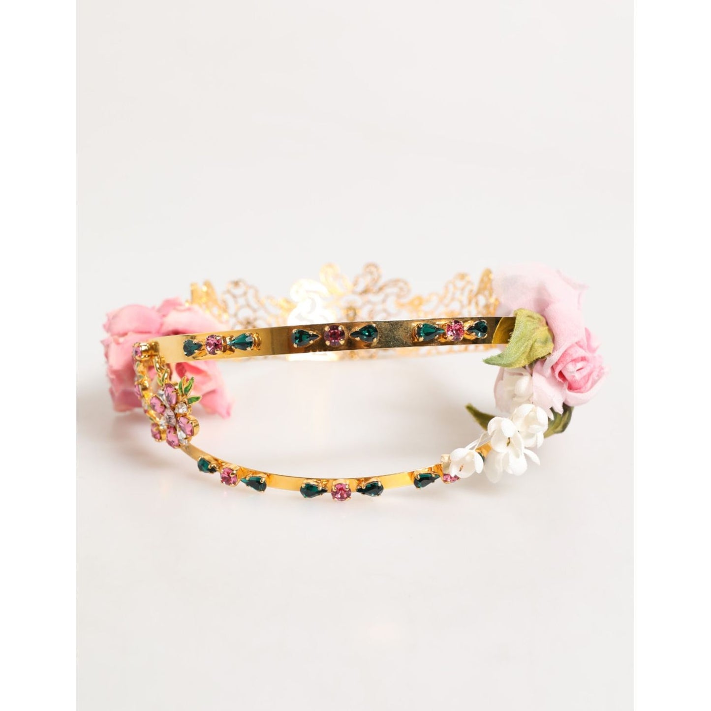 Dolce & Gabbana Gold Floral Tiara Pink Roses Crystal Crown Headband
