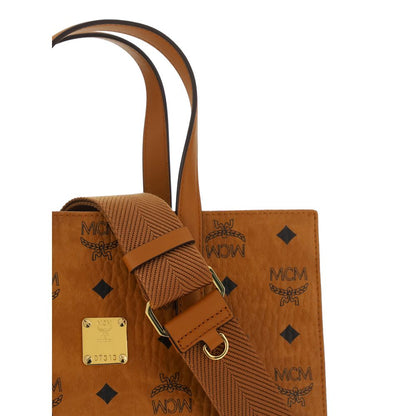 Close-up of MCM Brown Polyethylene Shoulder Bag with monogram pattern and gold plaque