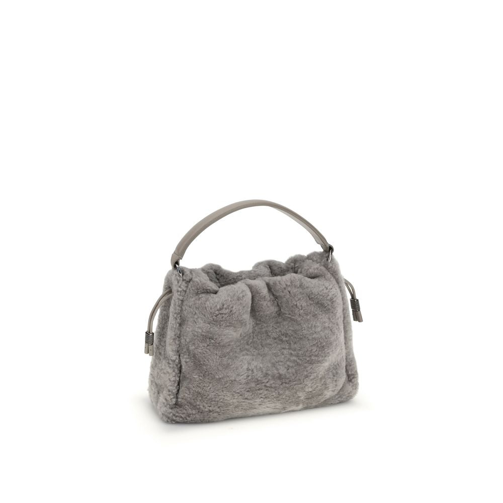 Brunello Cucinelli Gray Fur Shoulder Bag with drawstring closure and nickel-free metal details; elegant small shearling design