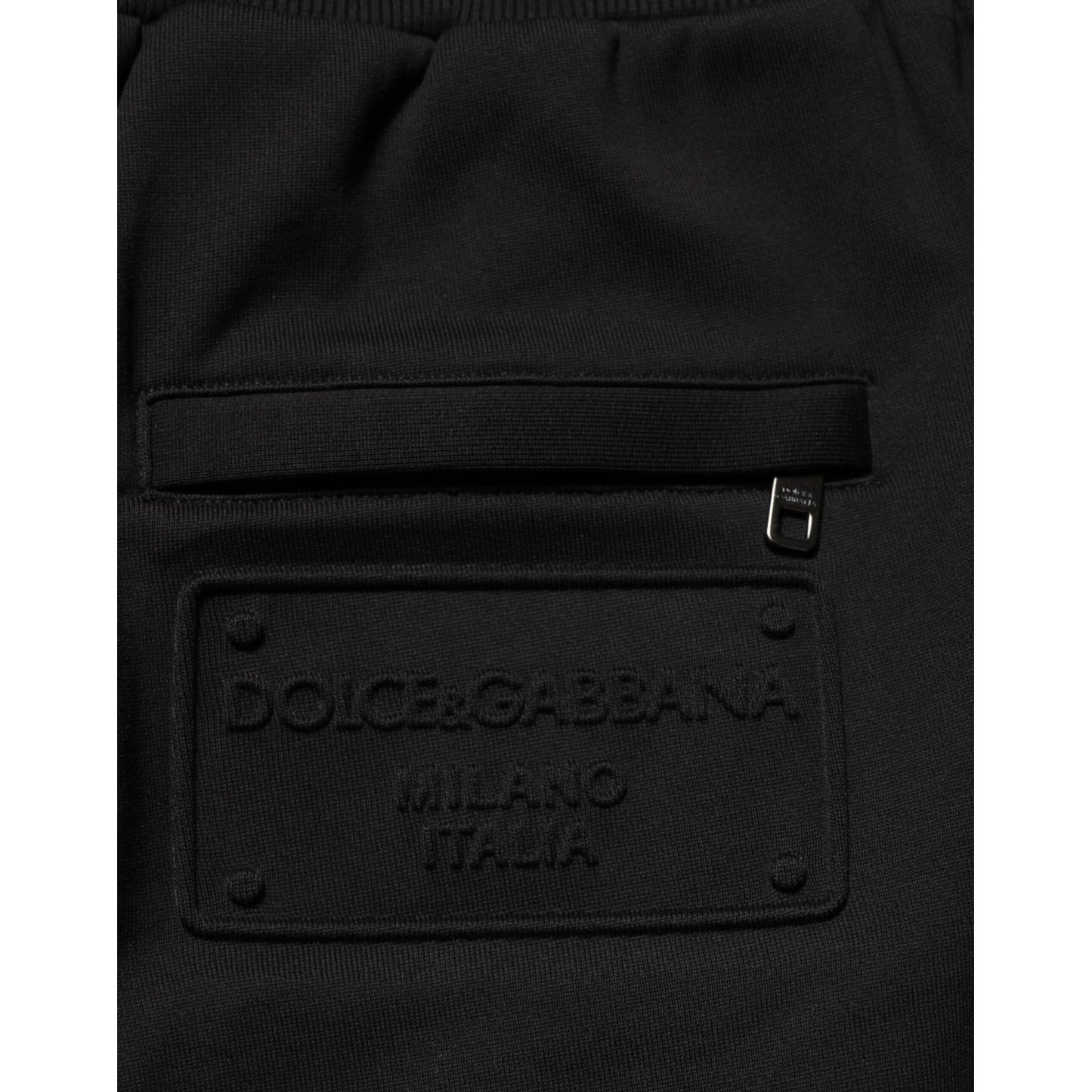Dolce & Gabbana Black Cotton Drawstring Logo Sweatpants Pants featuring Dolce & Gabbana Milano Italia logo patch on black fabric