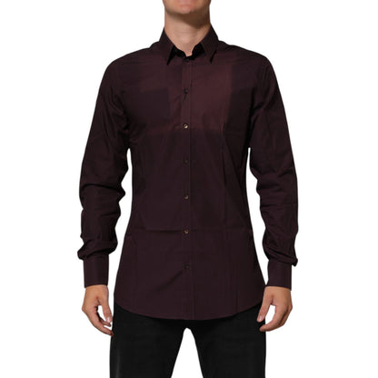Dolce & Gabbana Maroon Cotton Collared GOLD Formal Dress Shirt