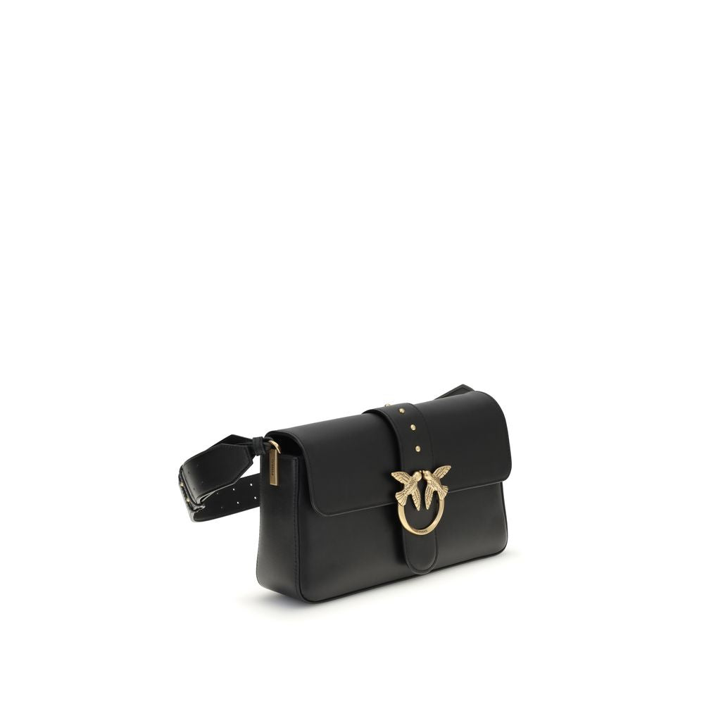 PINKO Love One Bag in black smooth leather with Love Birds buckle, removable strap, and magnetic closure, ideal for Fall Winter 2025.