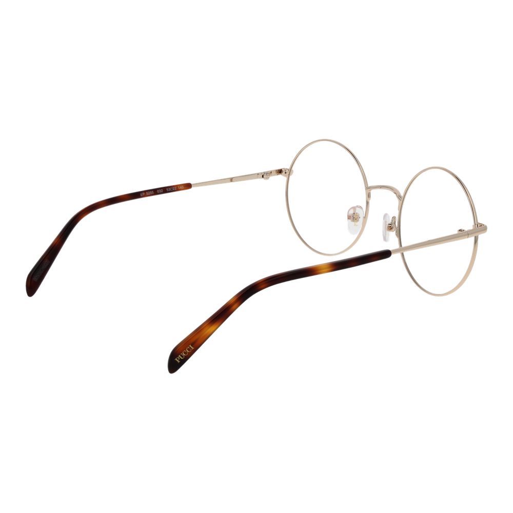 Emilio Pucci Gold Women Glasses Frame with metal full-rim round style and demo lenses, size 53-22-140, includes branded case.