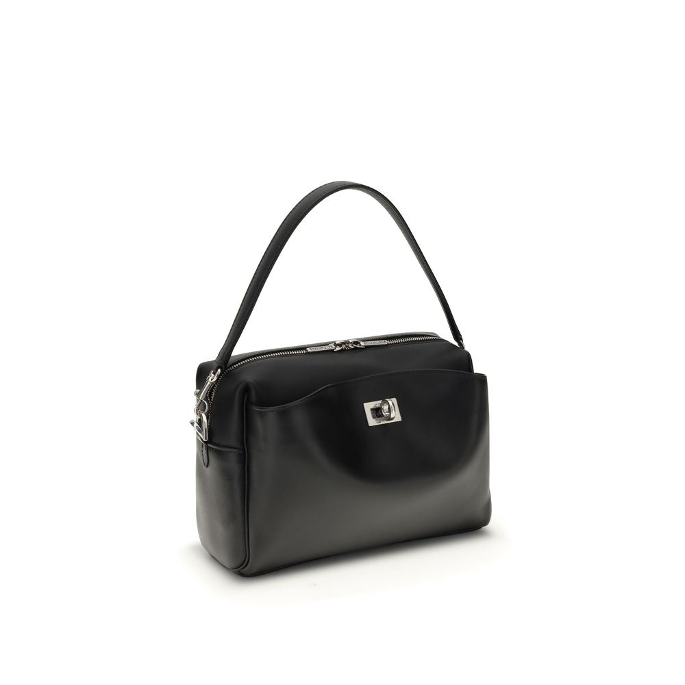 Balenciaga Black Calf Leather Bos Taurus Shoulder Bag with silver-tone hardware and front pocket.