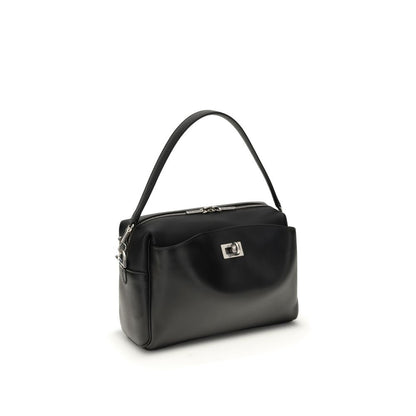 Balenciaga Black Calf Leather Bos Taurus Shoulder Bag with silver-tone hardware and front pocket.