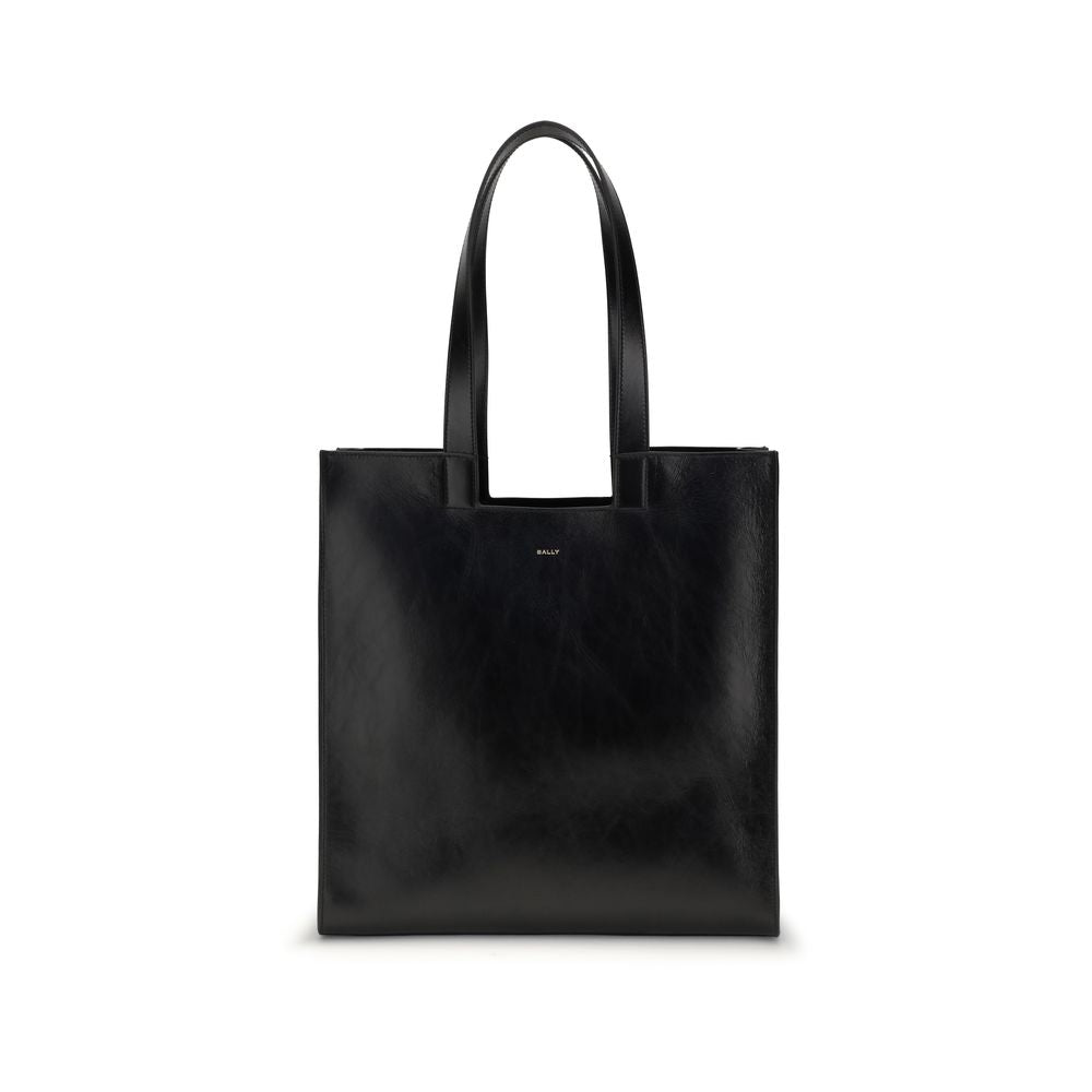 Bally Black Calf Leather Bos Taurus Shoulder Bag with gold-laminated logo, minimalist style and removable leather pocket.