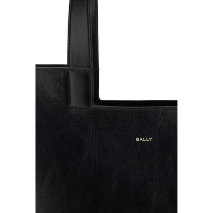Close-up of Bally Black Calf Leather Bos Taurus Shoulder Bag featuring gold-laminated logo and minimalist design for versatile use.