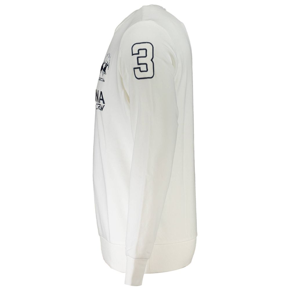 Side view of La Martina White Cotton Men's Sweater with embroidery and contrasting details.
