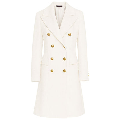 Made in Italy White Wool Women Coat with gold buttons and peak lapels