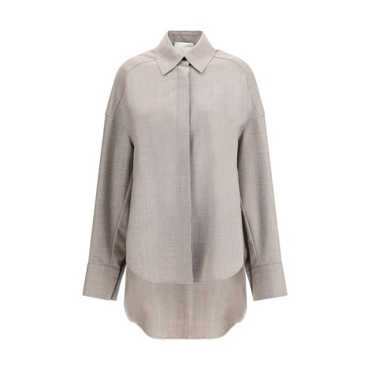 Di Stavnitser Gray Fleece Wool Dress Shirt with classic collar and asymmetrical hem, contemporary design with soft lines and tailored details.