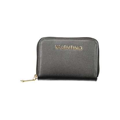 Mario Valentino Black Polyethylene Wallet with logo, six compartments, coin purse, double card spaces, and zip closure.
