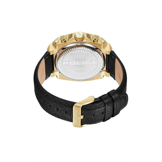 Back view of Police Black Leather Watch with golden stainless steel case and buckle, showcasing quartz mechanism and analog display.