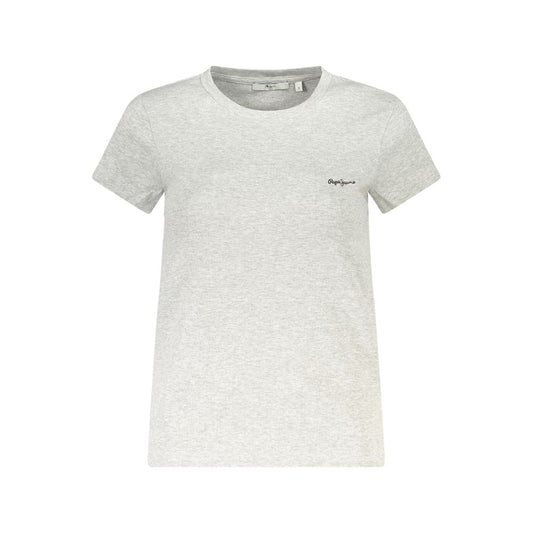 Pepe Jeans Gray Cotton Women T-Shirt with embroidery logo, crew neck, short sleeves, and sustainable cotton blend.