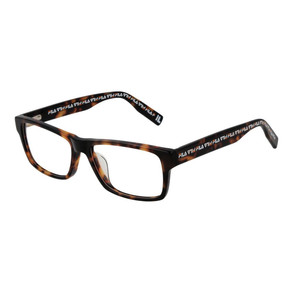 Fila Brown Men Glasses Frame, full-rim rectangle style, with brown cellulose acetate frame, demo plastic lenses, spring hinge, size 52-15-145.