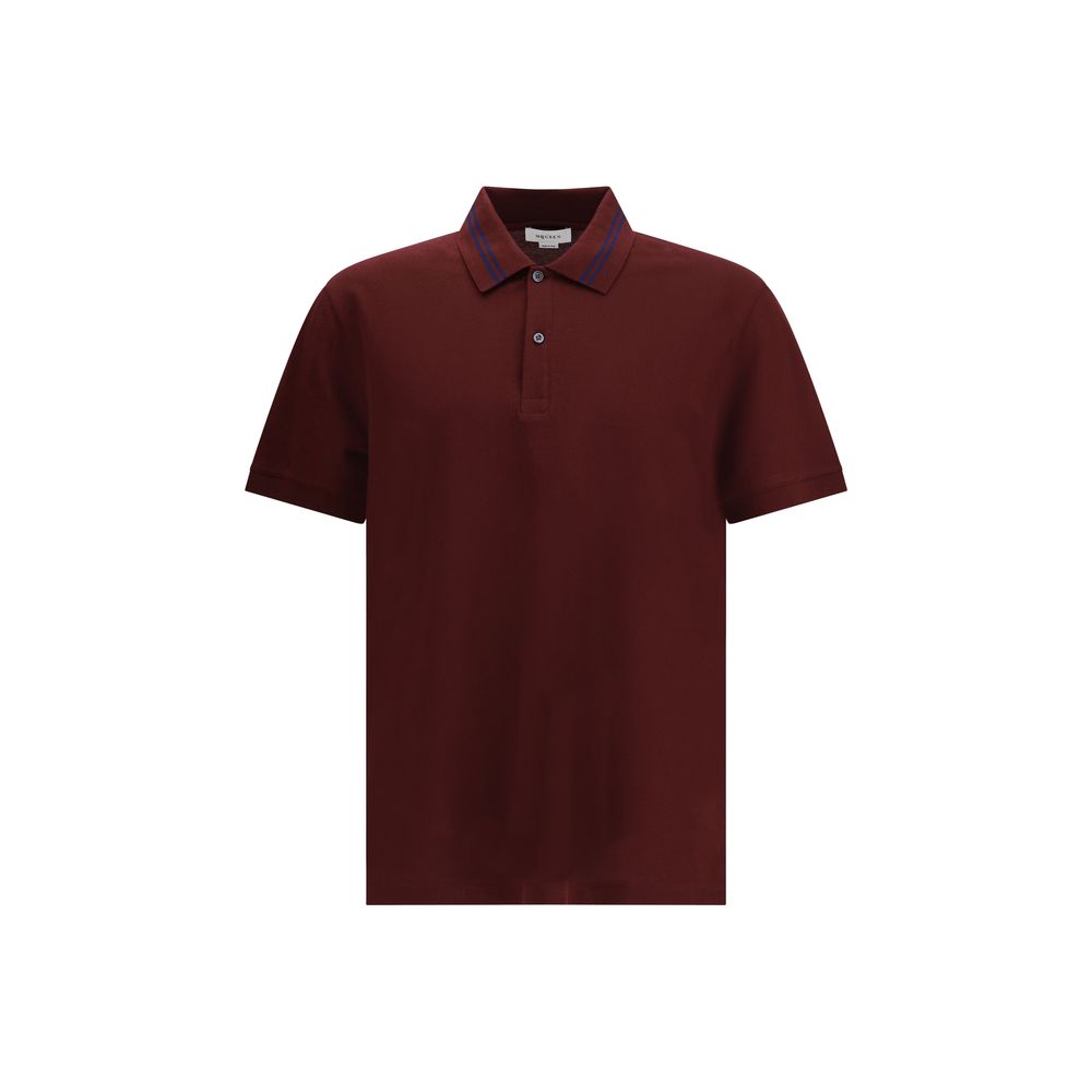 Alexander McQueen Bordeaux Cotton Polo Shirt with striped collar detail, featuring McQueen logo on back, 100% cotton, made in Italy.