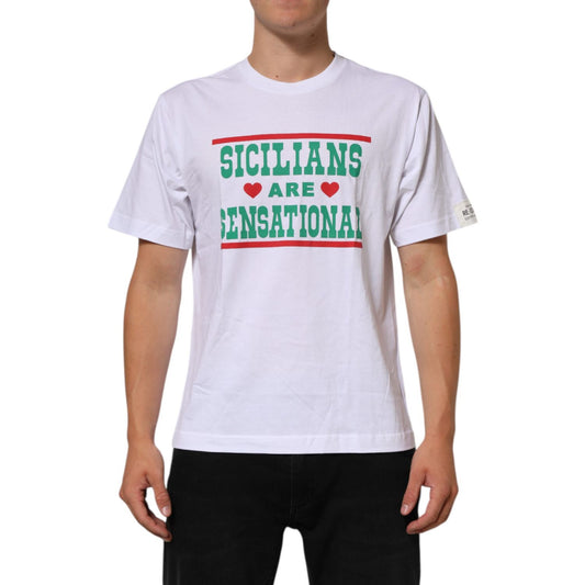 Dolce & Gabbana White Graphic Print Cotton Crew Neck T-shirt featuring bold Sicilians Are Sensational text in green and red with love hearts.