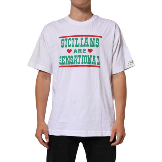 Dolce & Gabbana White Graphic Print Cotton Crew Neck T-shirt with 'Sicilians Are Sensational' text on front