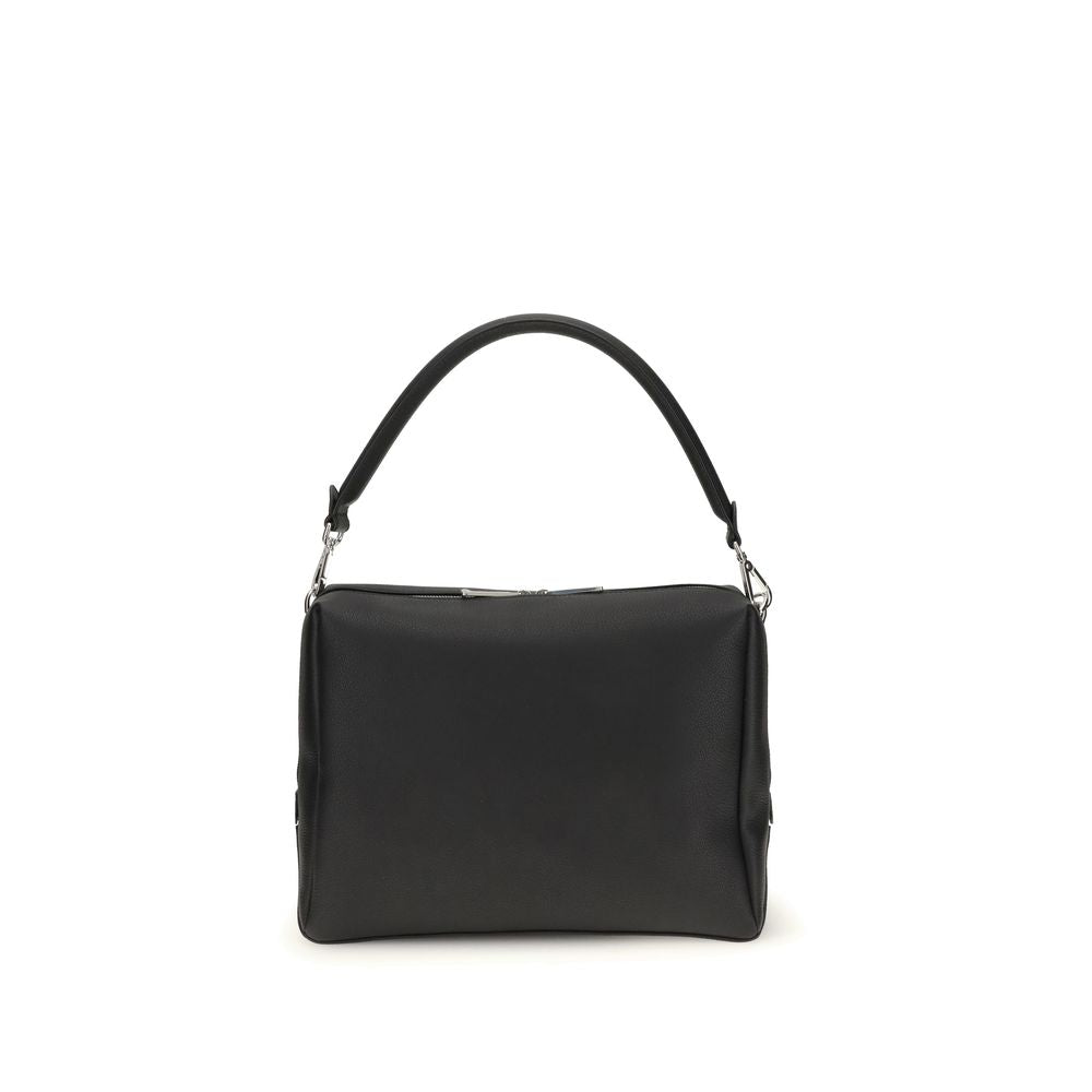 Fendi Black Calf Leather Bos Taurus Shoulder Bag with FF metal accents and spacious interior, featuring palladium-finish hardware.