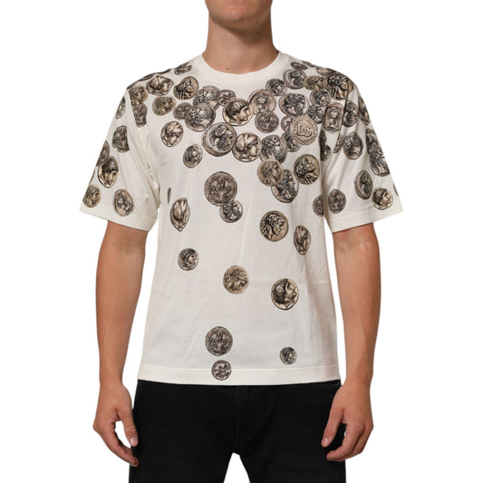 Dolce & Gabbana White Coin Print Cotton Crew Neck Men T-shirt