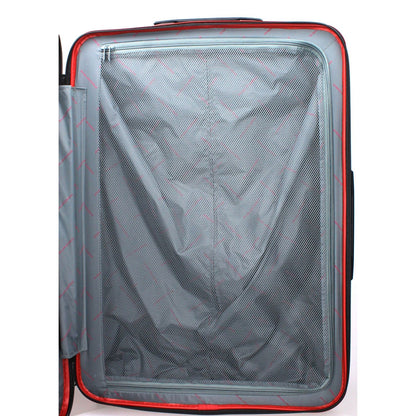Piquadro Red Polycarbonate Luggage And Travel open view showing interior storage with mesh lining, ideal for organized packing.