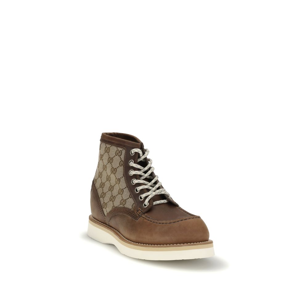 Gucci Brown Leather Lace-Up Boots with GG fabric insert, durable Goodyear construction for AW25, 100% leather, rubber sole