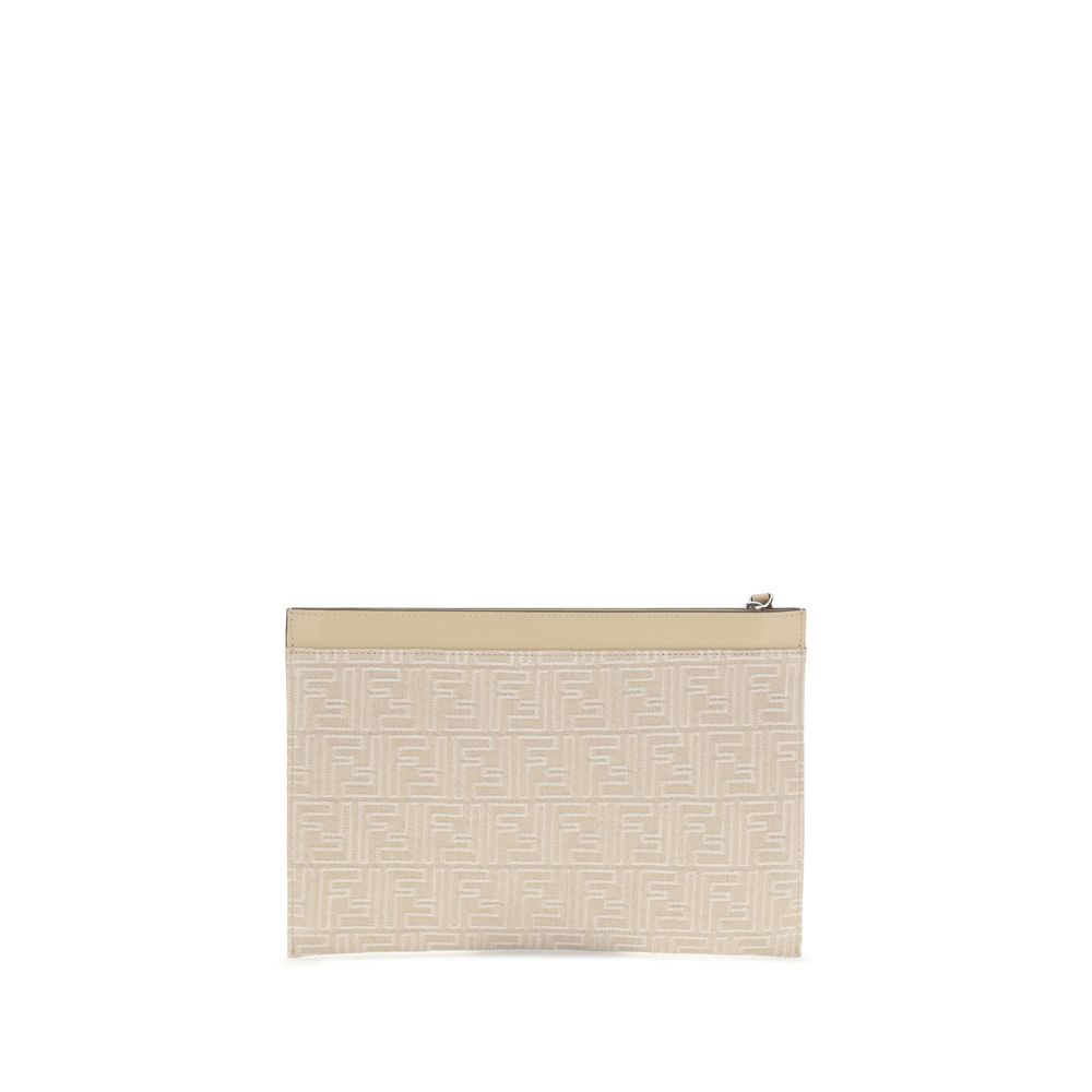 Fendi Cream Cotton Clutch Bag with FF motif embroidery, leather wrist strap, and zip closure, showcasing urban style and functionality.