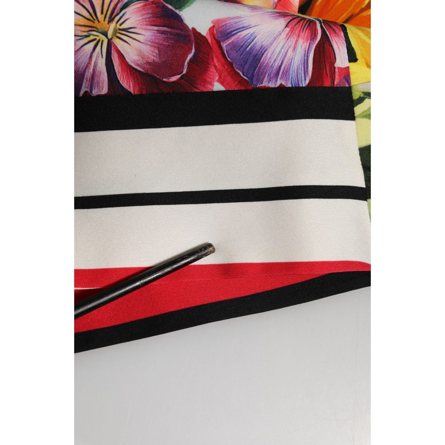 Dolce & Gabbana Multicolor Pachwork Charmeuse Floral Shift Dress fabric detail showing floral pattern and stripes.