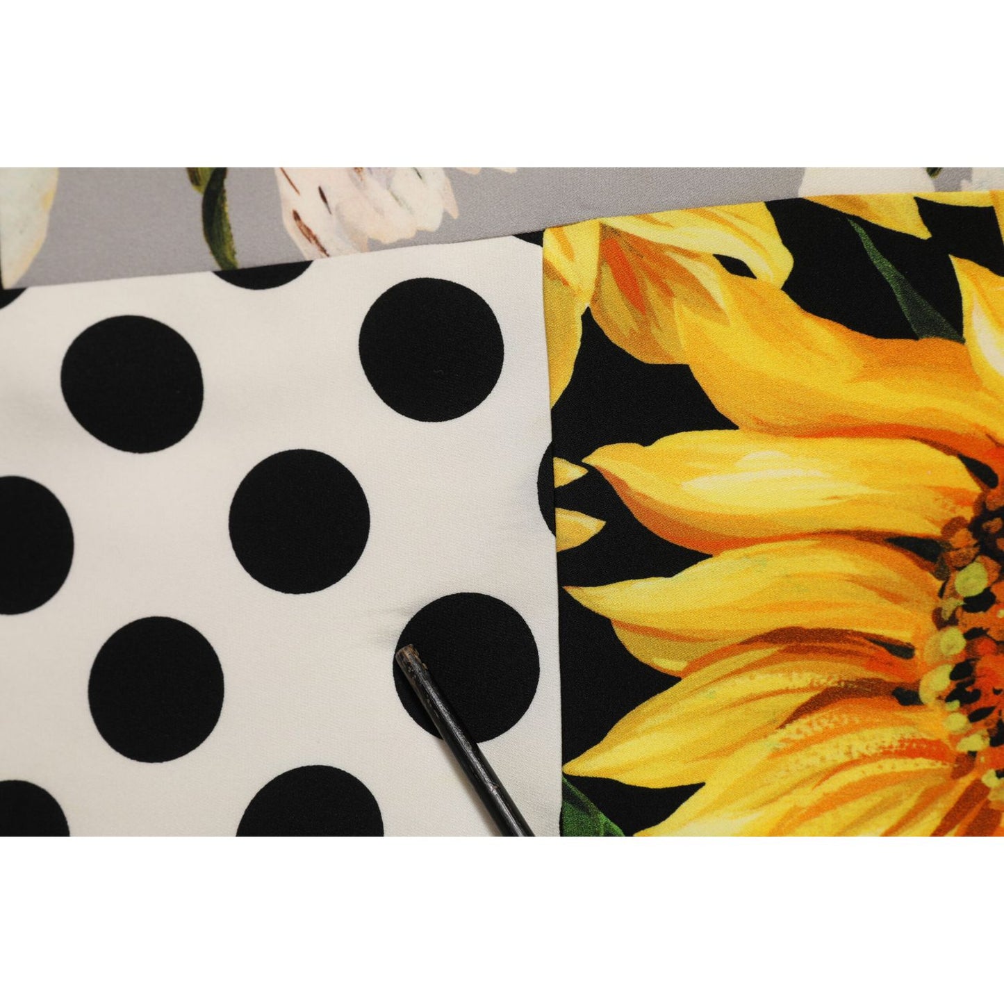 Dolce & Gabbana Multicolor Pachwork Charmeuse Floral Shift Dress fabric close-up with polka dots and sunflowers